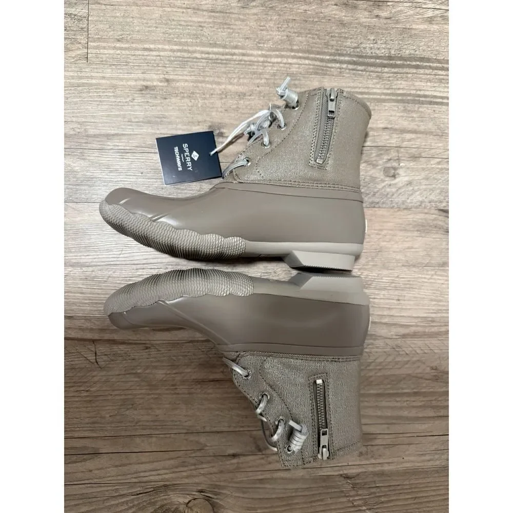 Sperry Women's Saltwater duck boots. Tan.Glitter canvas upper. Sz 7.5. NWT
